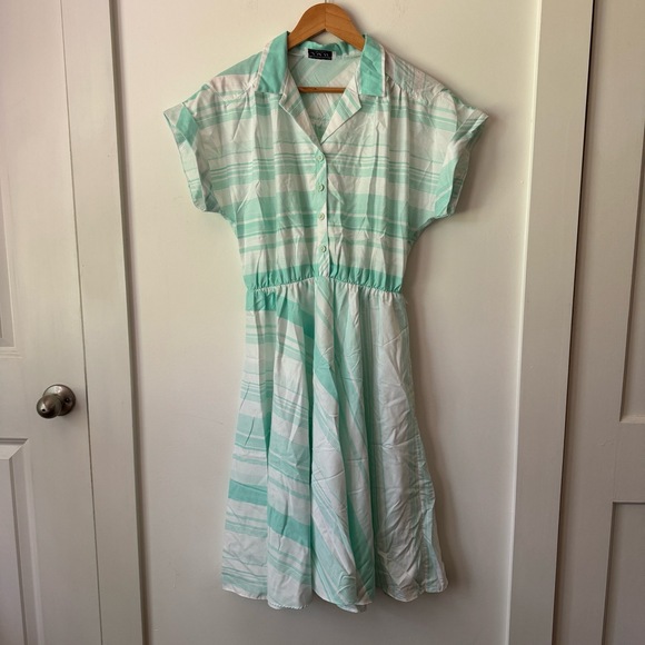 Dresses & Skirts - Vintage 90s Mint Green Striped Shirt Dress Small Short Sleeve Midi Preppy Twee